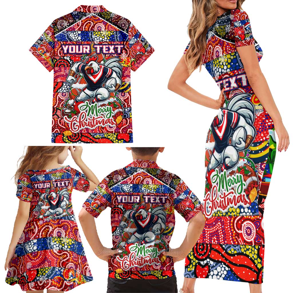 Custom Roosters Rugby Merry Christmas Family Matching Short Sleeve Bodycon Dress and Hawaiian Shirt Indigenous Australian Art