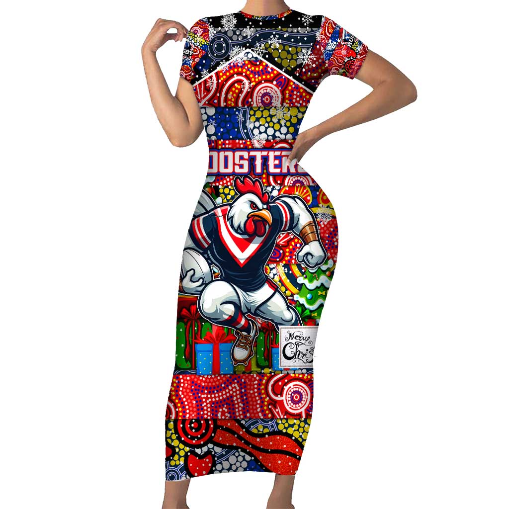 Custom Roosters Rugby Merry Christmas Family Matching Short Sleeve Bodycon Dress and Hawaiian Shirt Indigenous Australian Art