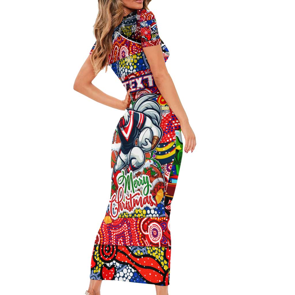 Custom Roosters Rugby Merry Christmas Family Matching Short Sleeve Bodycon Dress and Hawaiian Shirt Indigenous Australian Art