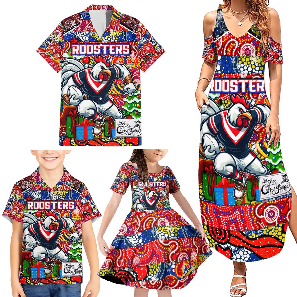 Custom Roosters Rugby Merry Christmas Family Matching Summer Maxi Dress and Hawaiian Shirt Indigenous Australian Art