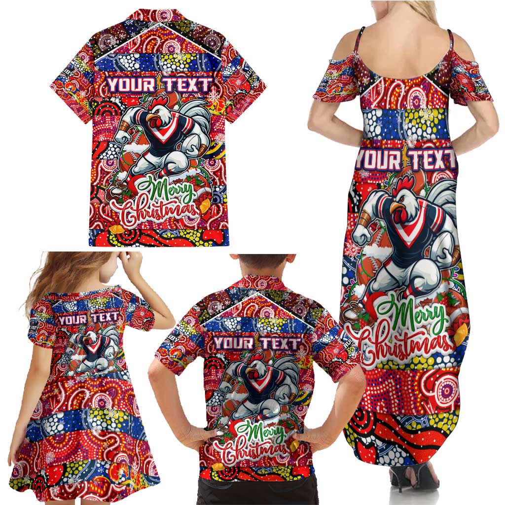 Custom Roosters Rugby Merry Christmas Family Matching Summer Maxi Dress and Hawaiian Shirt Indigenous Australian Art