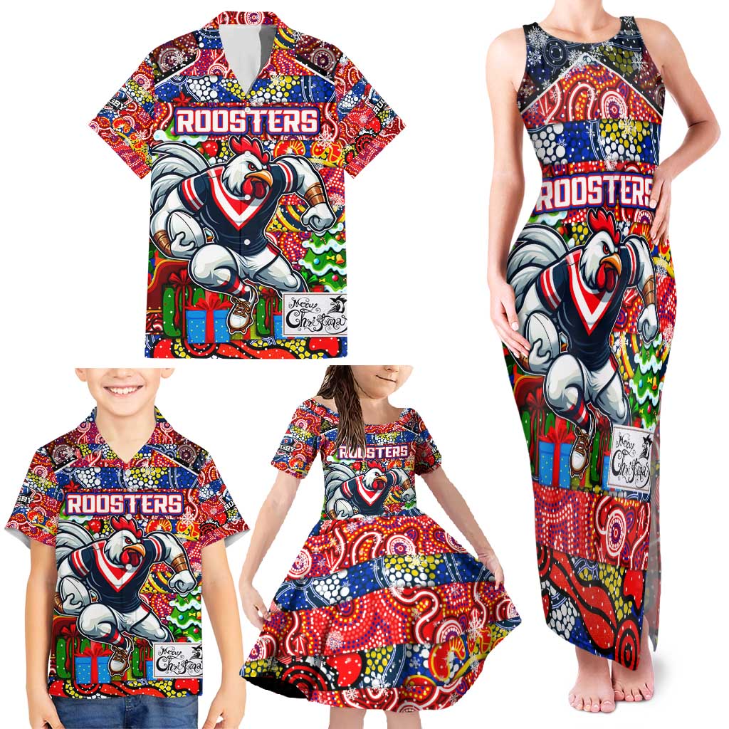 Custom Roosters Rugby Merry Christmas Family Matching Tank Maxi Dress and Hawaiian Shirt Indigenous Australian Art