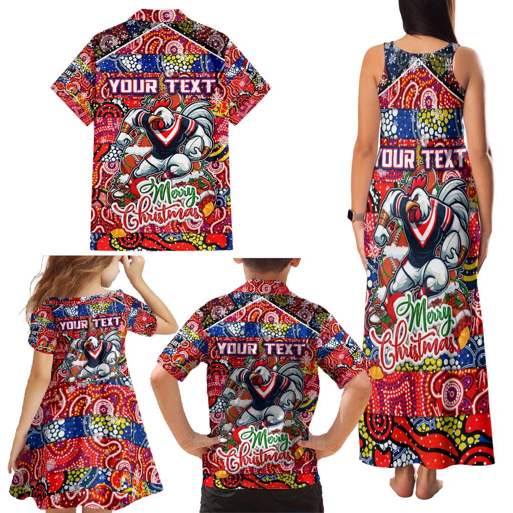 Custom Roosters Rugby Merry Christmas Family Matching Tank Maxi Dress and Hawaiian Shirt Indigenous Australian Art