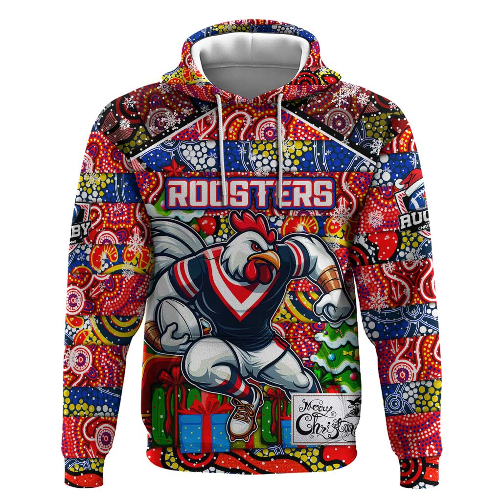 Custom Roosters Rugby Merry Christmas Hoodie Indigenous Australian Art - Vibe Hoodie Shop