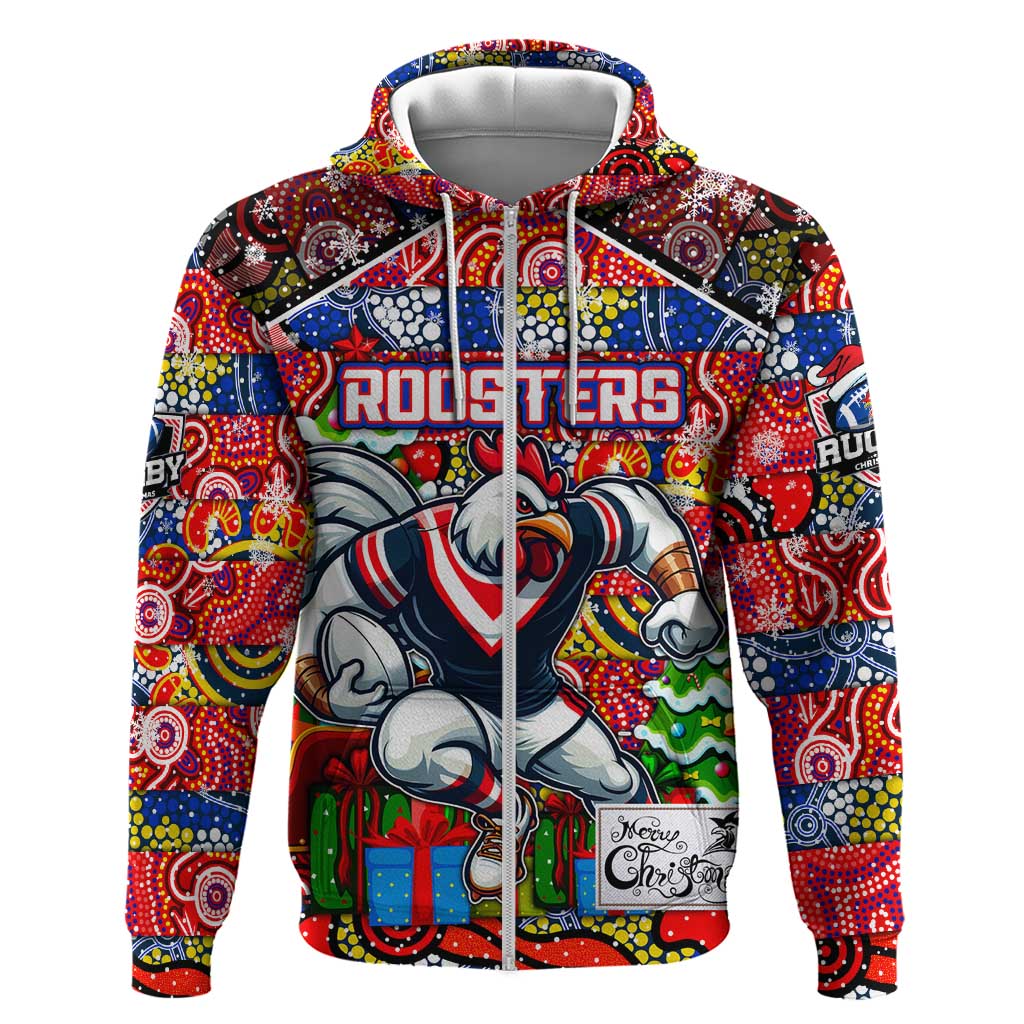 Custom Roosters Rugby Merry Christmas Hoodie Indigenous Australian Art - Vibe Hoodie Shop