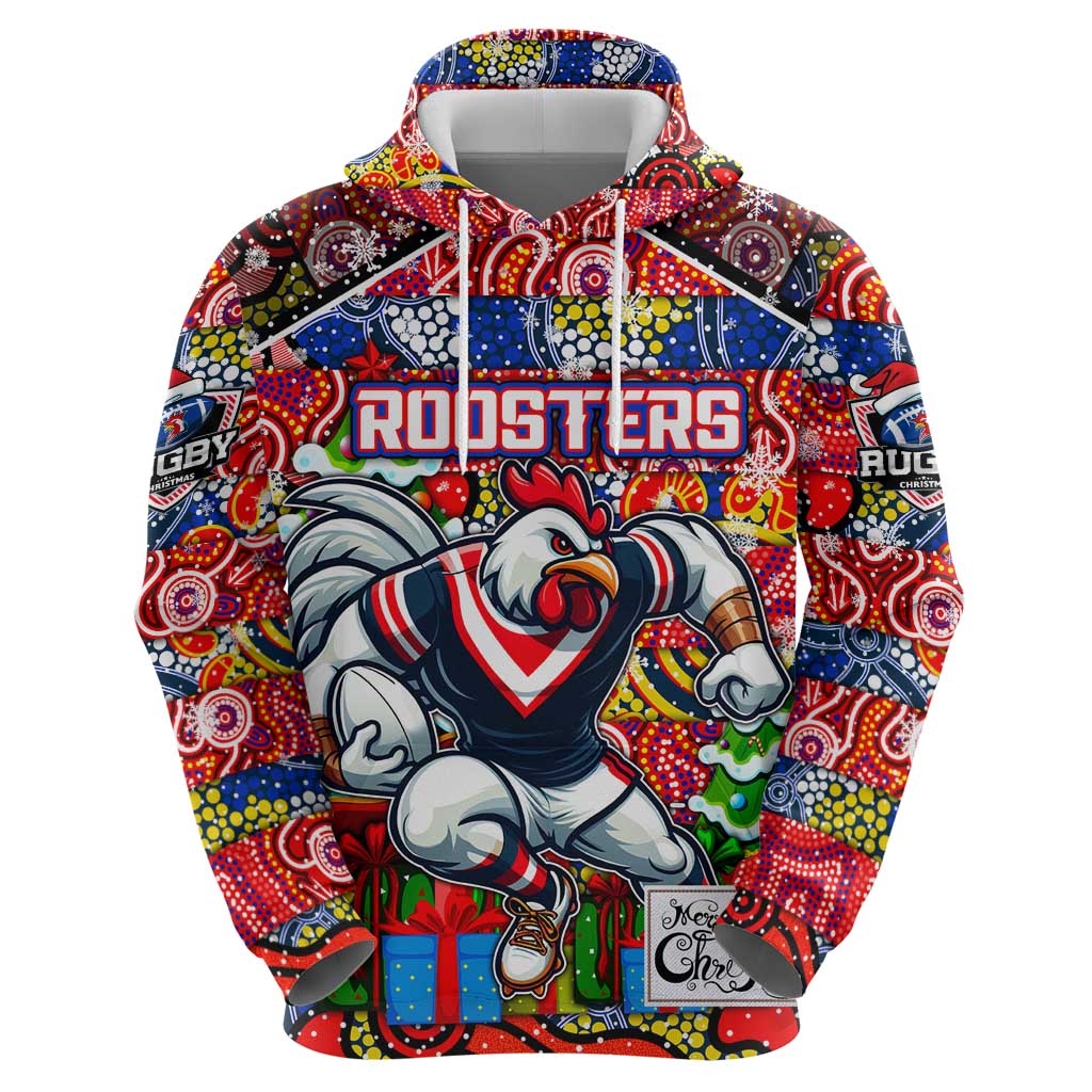 Custom Roosters Rugby Merry Christmas Hoodie Indigenous Australian Art - Vibe Hoodie Shop