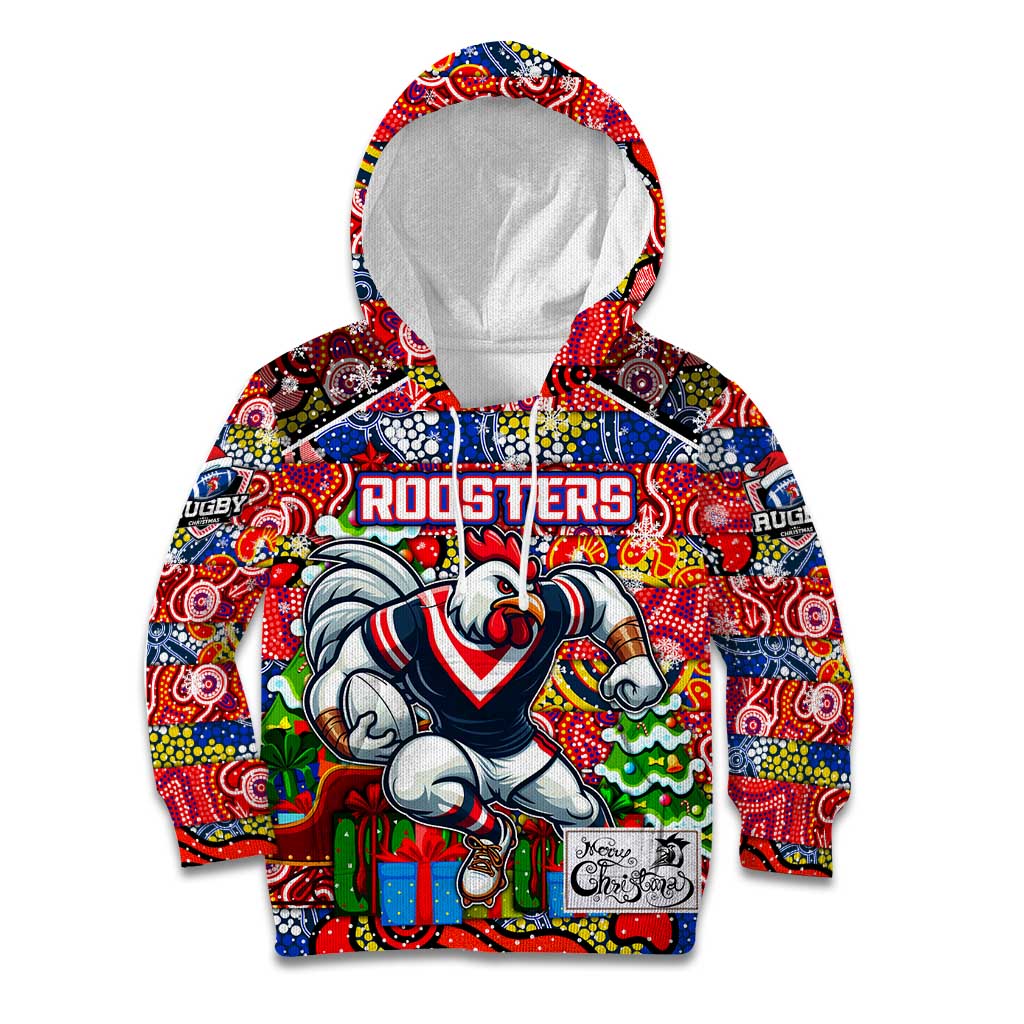 Custom Roosters Rugby Merry Christmas Kid Hoodie Indigenous Australian Art - Vibe Hoodie Shop