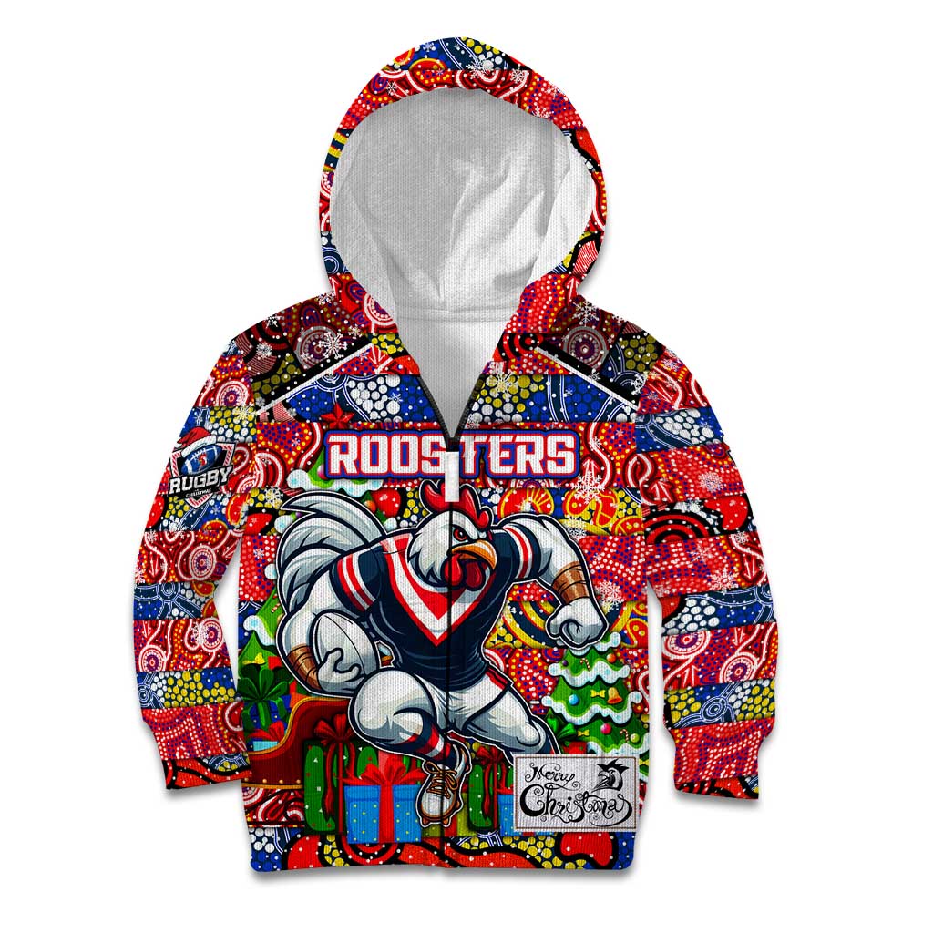 Custom Roosters Rugby Merry Christmas Kid Hoodie Indigenous Australian Art - Vibe Hoodie Shop