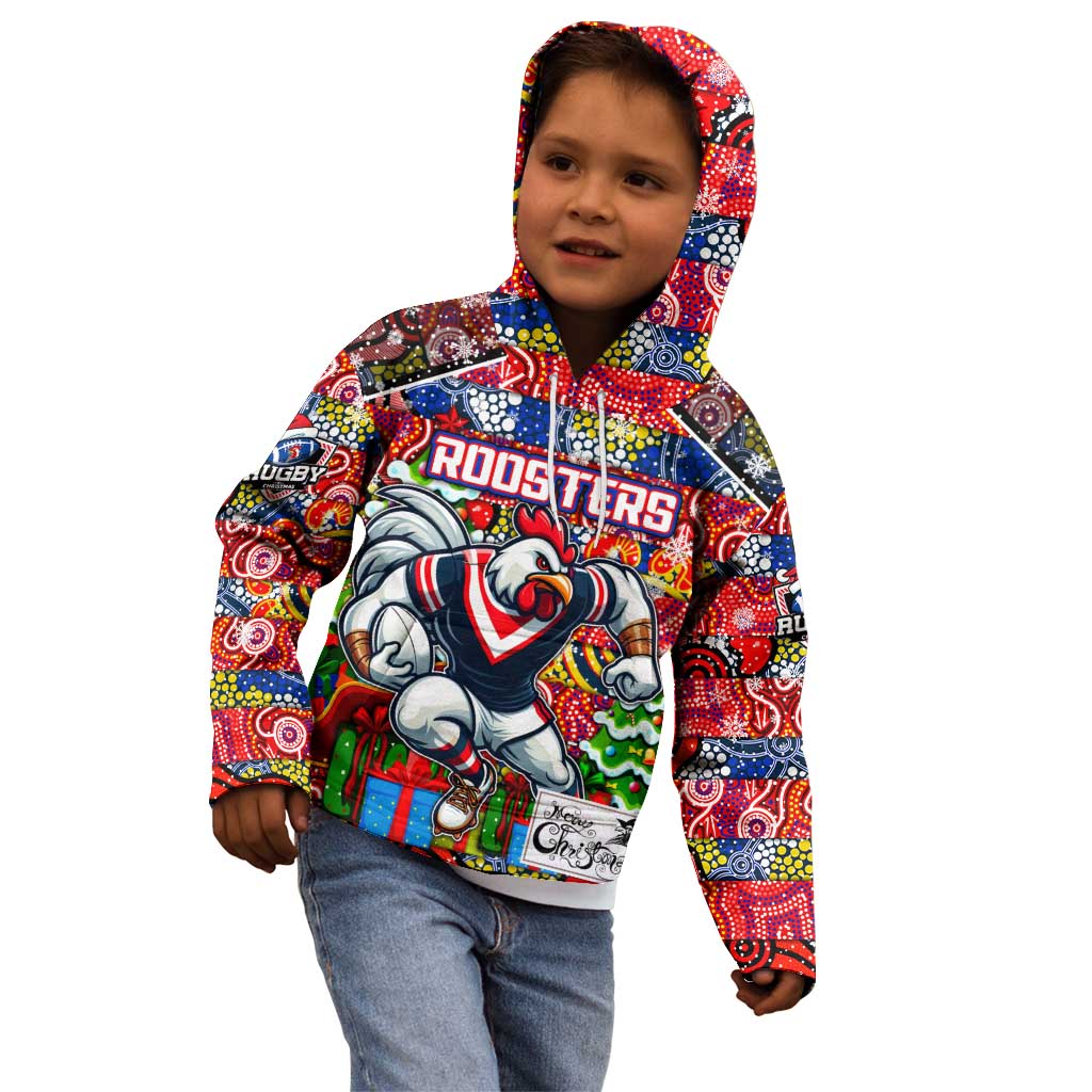 Custom Roosters Rugby Merry Christmas Kid Hoodie Indigenous Australian Art - Vibe Hoodie Shop