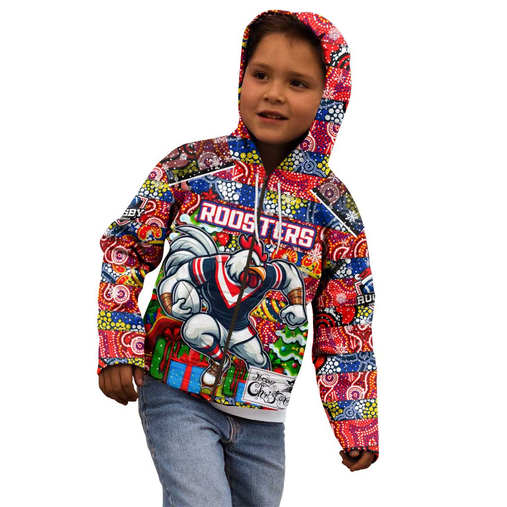 Custom Roosters Rugby Merry Christmas Kid Hoodie Indigenous Australian Art - Vibe Hoodie Shop