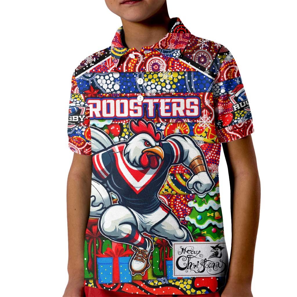 Custom Roosters Rugby Merry Christmas Kid Polo Shirt Indigenous Australian Art - Vibe Hoodie Shop