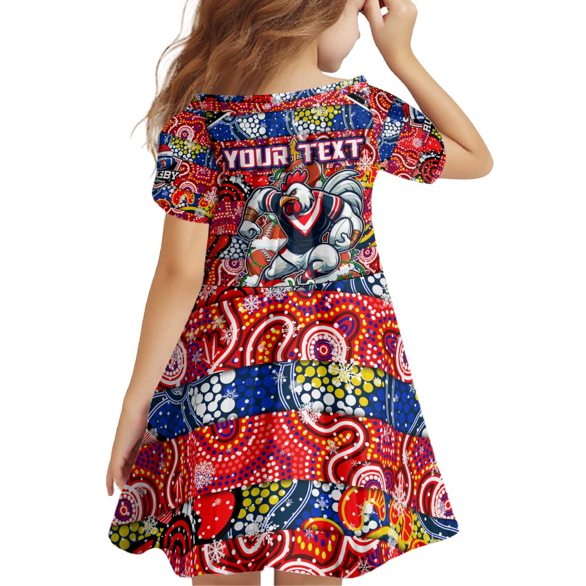 Custom Roosters Rugby Merry Christmas Kid Short Sleeve Dress Indigenous Australian Art - Vibe Hoodie Shop