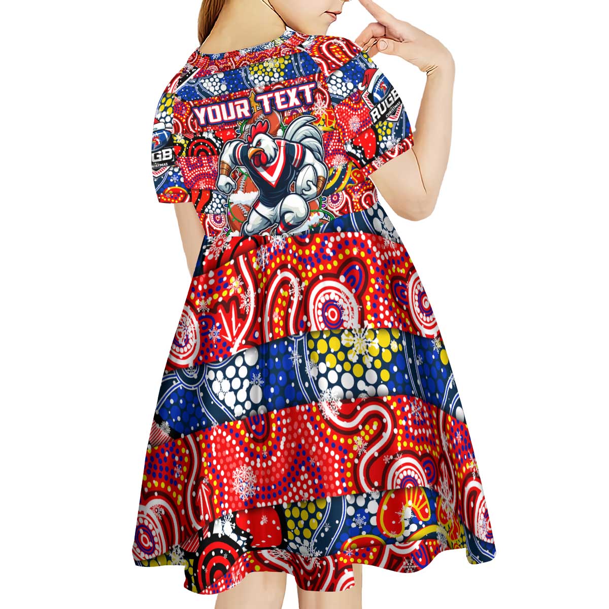 Custom Roosters Rugby Merry Christmas Kid Short Sleeve Dress Indigenous Australian Art - Vibe Hoodie Shop