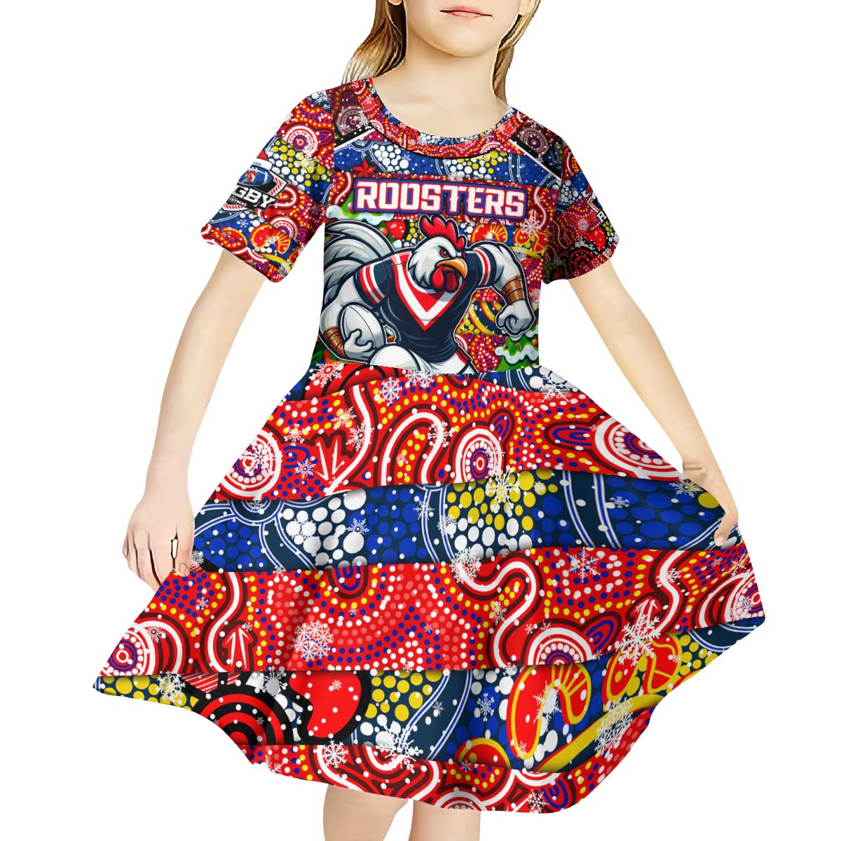 Custom Roosters Rugby Merry Christmas Kid Short Sleeve Dress Indigenous Australian Art - Vibe Hoodie Shop