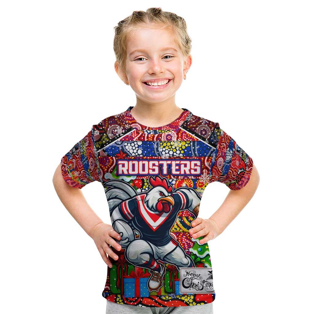 Custom Roosters Rugby Merry Christmas Kid T Shirt Indigenous Australian Art - Vibe Hoodie Shop