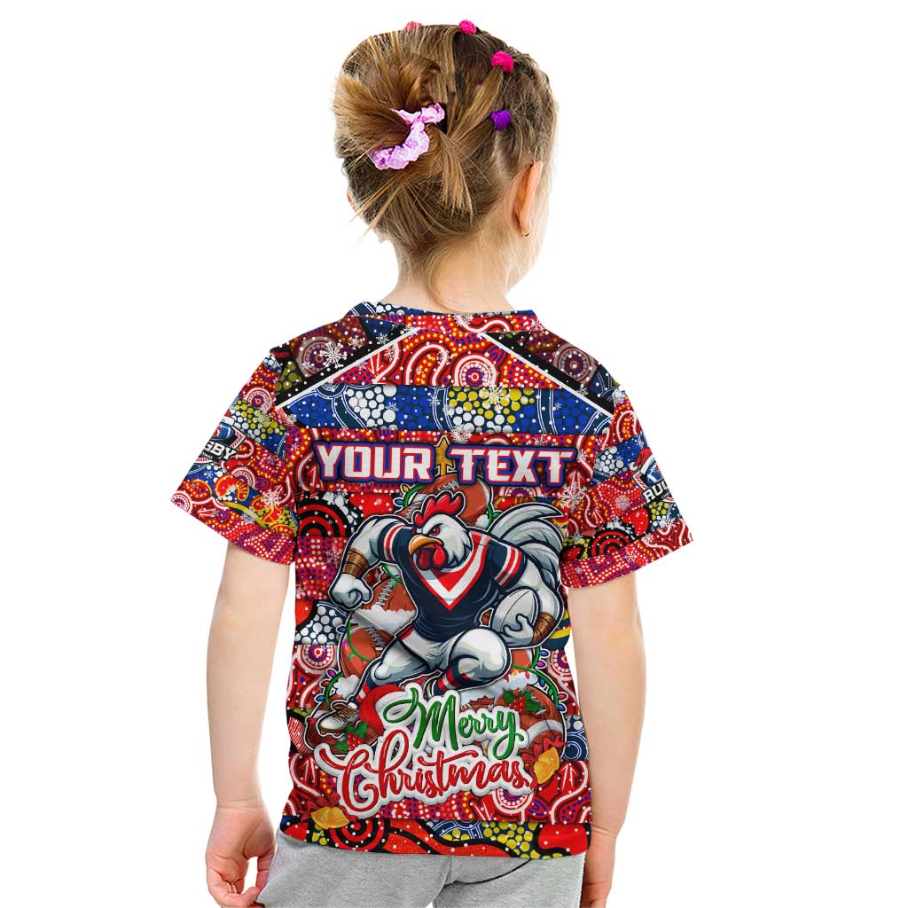 Custom Roosters Rugby Merry Christmas Kid T Shirt Indigenous Australian Art - Vibe Hoodie Shop