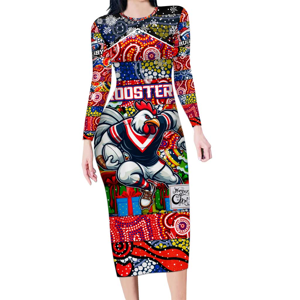 Custom Roosters Rugby Merry Christmas Long Sleeve Bodycon Dress Indigenous Australian Art