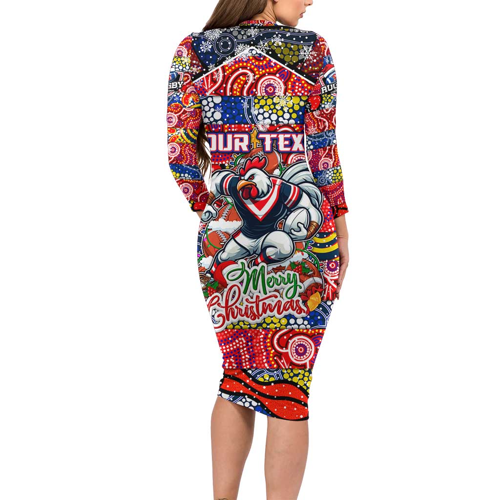 Custom Roosters Rugby Merry Christmas Long Sleeve Bodycon Dress Indigenous Australian Art