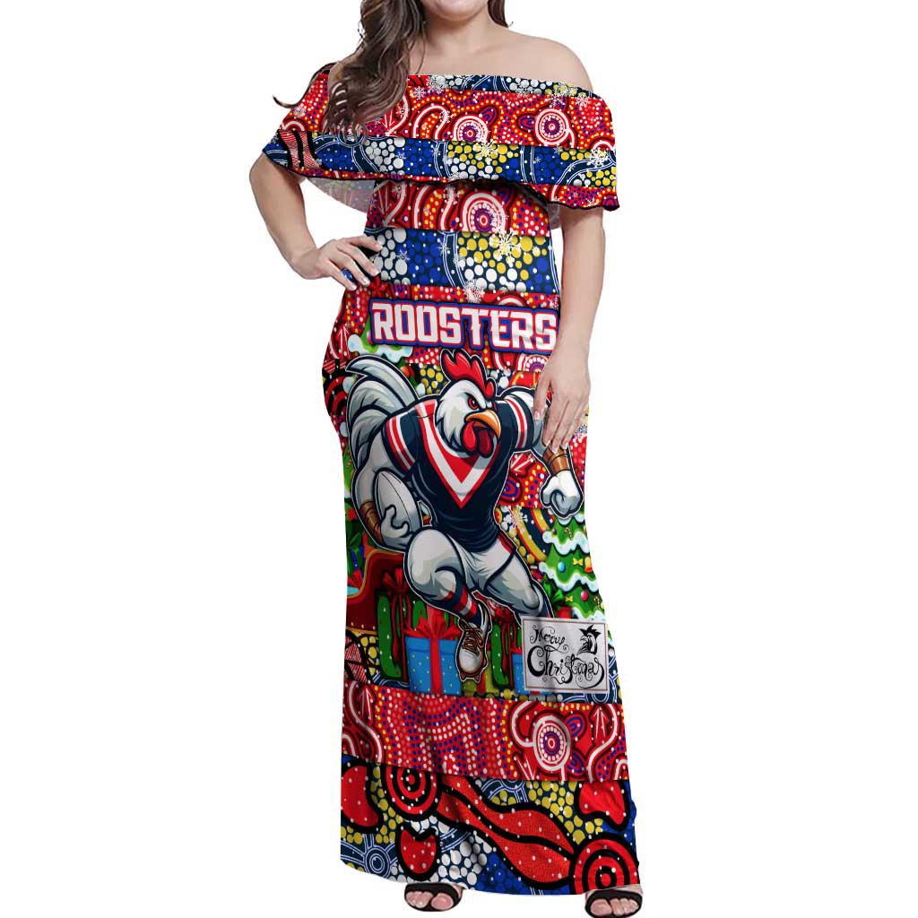Custom Roosters Rugby Merry Christmas Off Shoulder Maxi Dress Indigenous Australian Art
