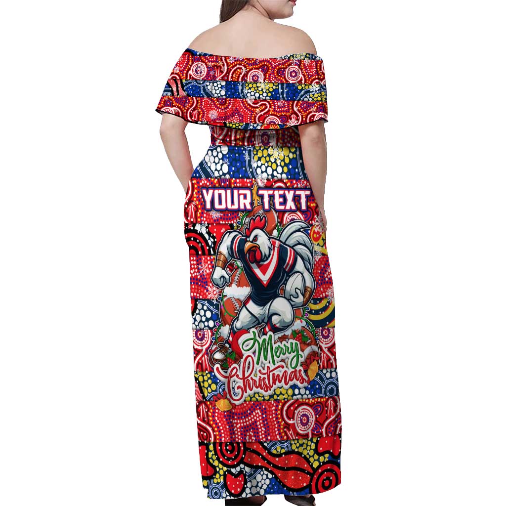 Custom Roosters Rugby Merry Christmas Off Shoulder Maxi Dress Indigenous Australian Art