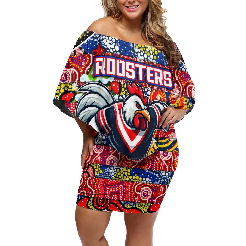 Custom Roosters Rugby Merry Christmas Off Shoulder Short Dress Indigenous Australian Art