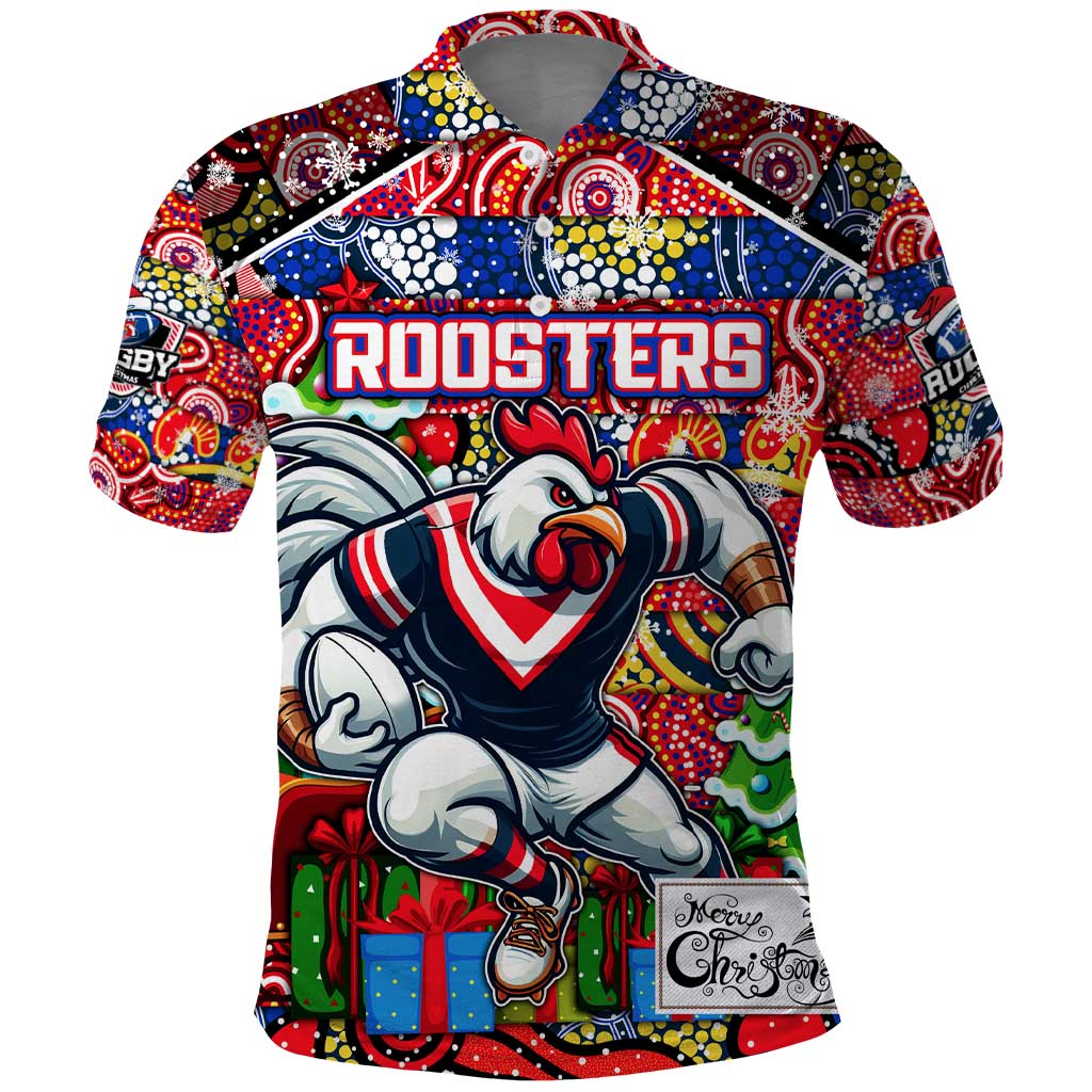 Custom Roosters Rugby Merry Christmas Polo Shirt Indigenous Australian Art - Vibe Hoodie Shop