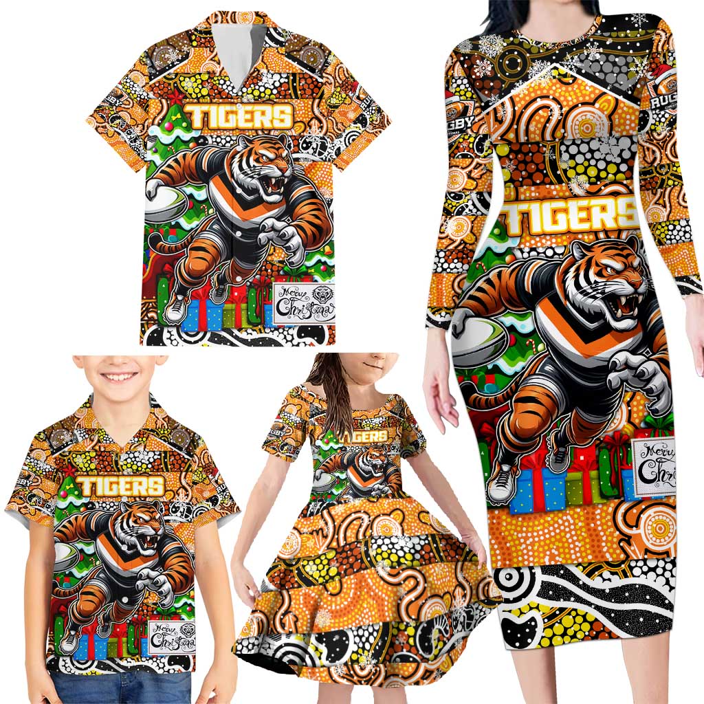 Custom Tigers Rugby Merry Christmas Family Matching Long Sleeve Bodycon Dress and Hawaiian Shirt Indigenous Australian Art