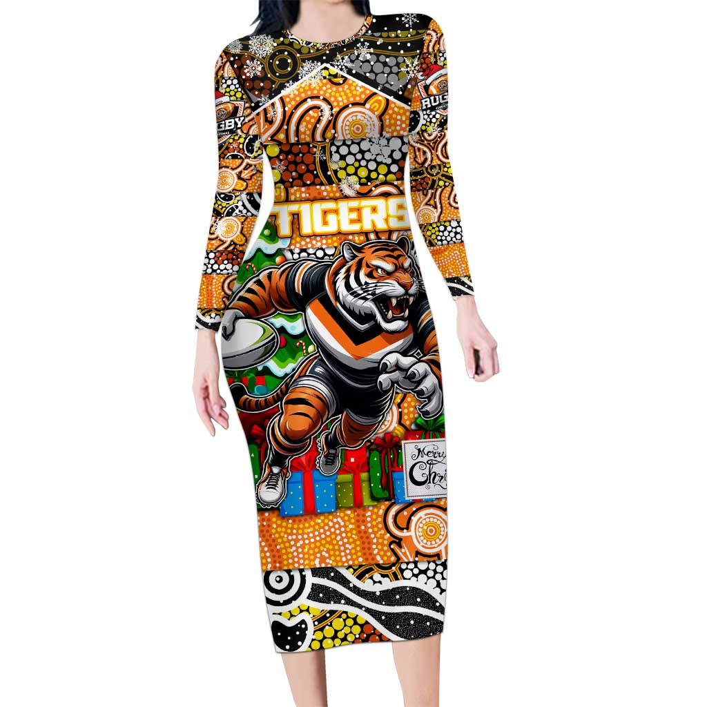 Custom Tigers Rugby Merry Christmas Family Matching Long Sleeve Bodycon Dress and Hawaiian Shirt Indigenous Australian Art