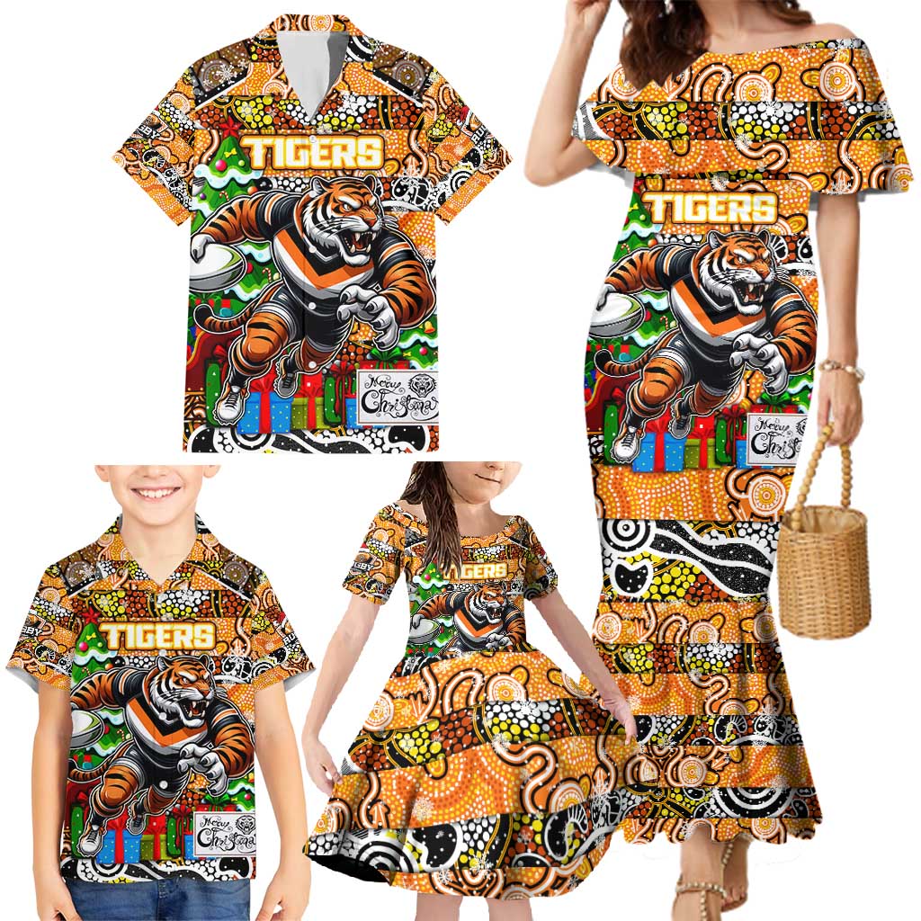 Custom Tigers Rugby Merry Christmas Family Matching Mermaid Dress and Hawaiian Shirt Indigenous Australian Art