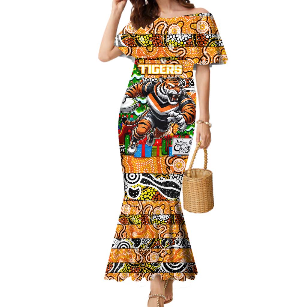 Custom Tigers Rugby Merry Christmas Family Matching Mermaid Dress and Hawaiian Shirt Indigenous Australian Art