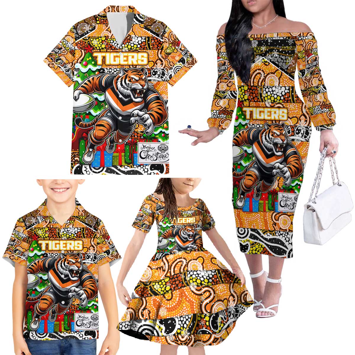 Custom Tigers Rugby Merry Christmas Family Matching Off The Shoulder Long Sleeve Dress and Hawaiian Shirt Indigenous Australian Art