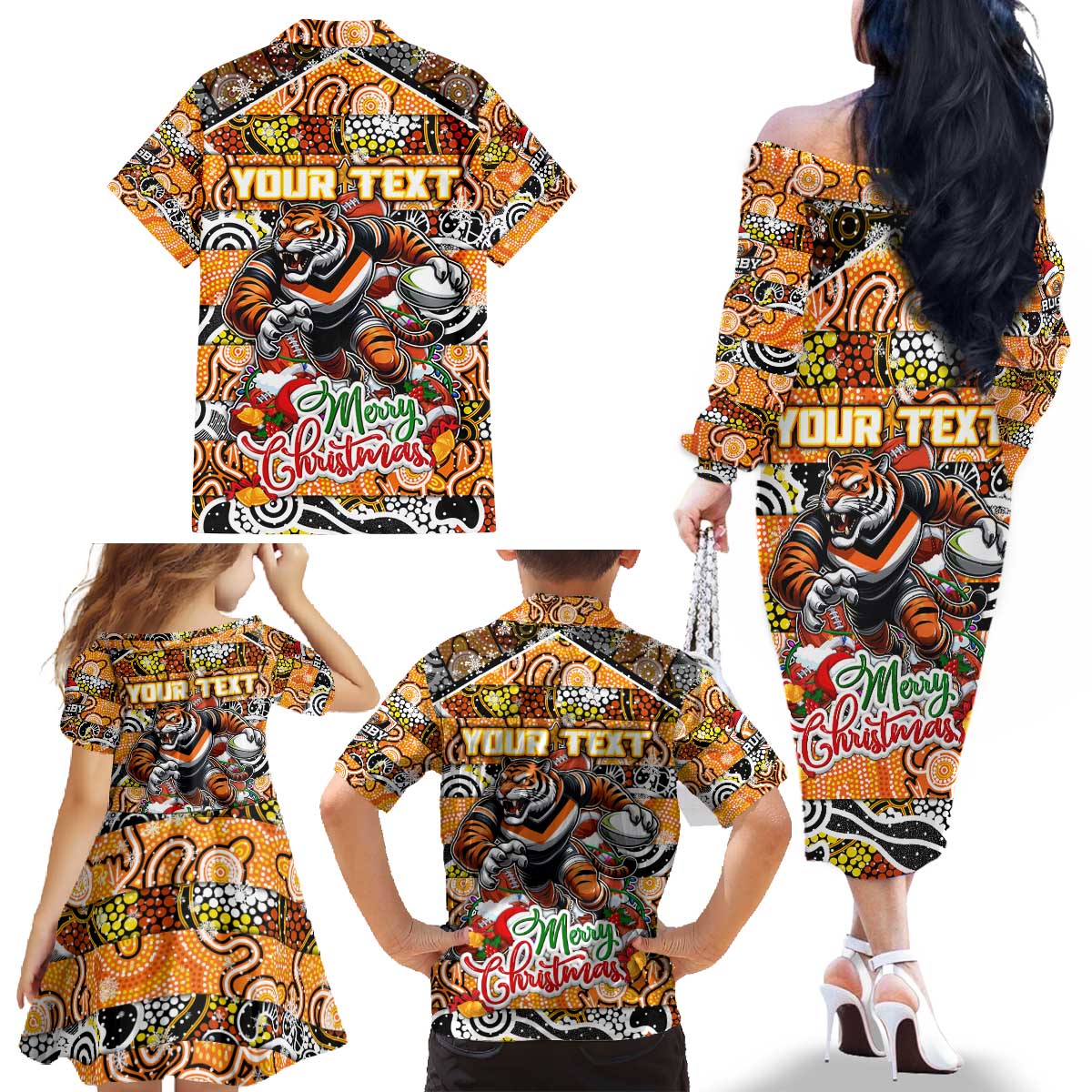 Custom Tigers Rugby Merry Christmas Family Matching Off The Shoulder Long Sleeve Dress and Hawaiian Shirt Indigenous Australian Art