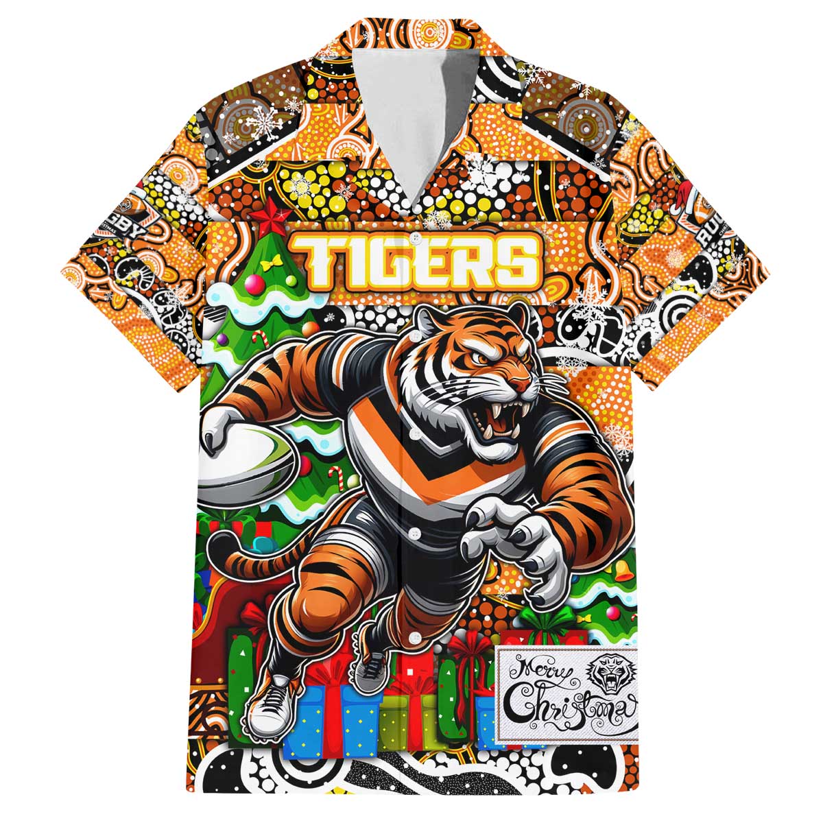 Custom Tigers Rugby Merry Christmas Family Matching Off The Shoulder Long Sleeve Dress and Hawaiian Shirt Indigenous Australian Art