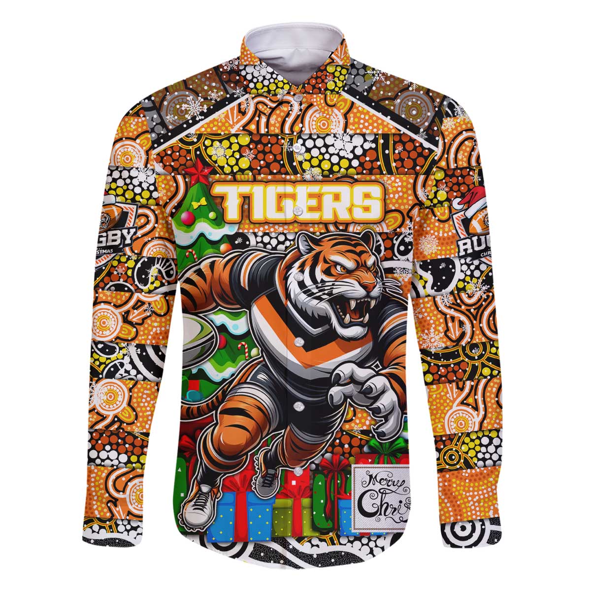 Custom Tigers Rugby Merry Christmas Family Matching Off The Shoulder Long Sleeve Dress and Hawaiian Shirt Indigenous Australian Art