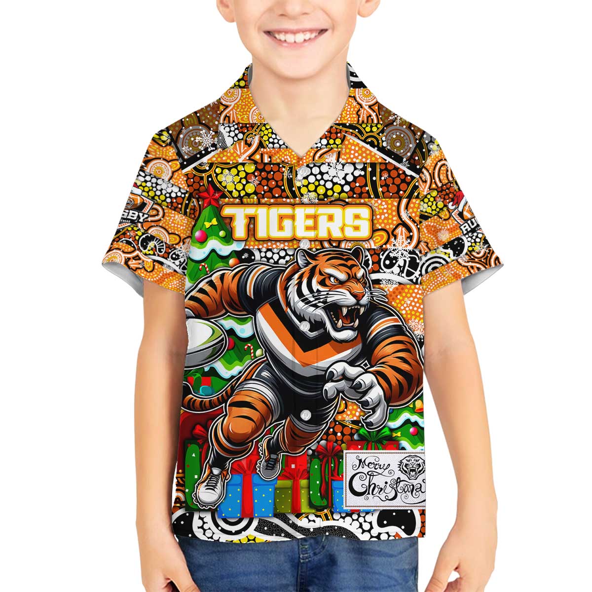 Custom Tigers Rugby Merry Christmas Family Matching Off The Shoulder Long Sleeve Dress and Hawaiian Shirt Indigenous Australian Art