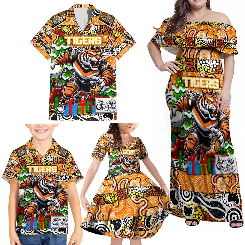 Custom Tigers Rugby Merry Christmas Family Matching Off Shoulder Maxi Dress and Hawaiian Shirt Indigenous Australian Art