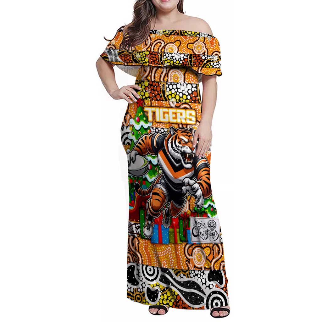 Custom Tigers Rugby Merry Christmas Family Matching Off Shoulder Maxi Dress and Hawaiian Shirt Indigenous Australian Art