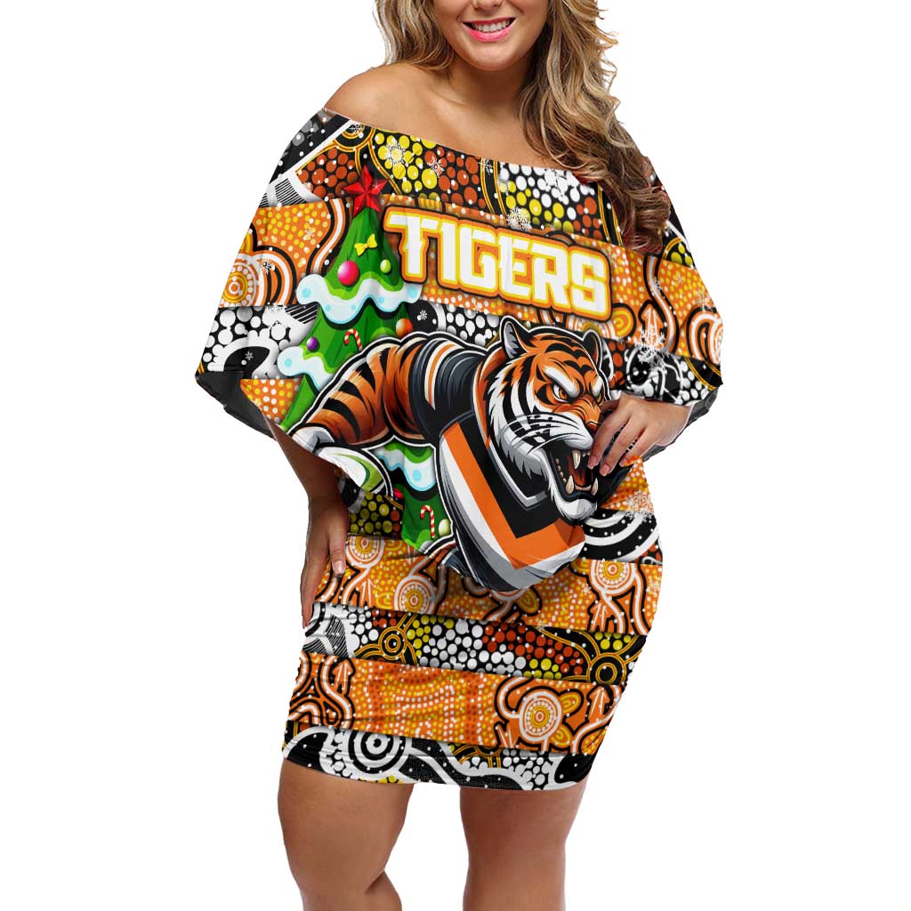 Custom Tigers Rugby Merry Christmas Family Matching Off Shoulder Short Dress and Hawaiian Shirt Indigenous Australian Art