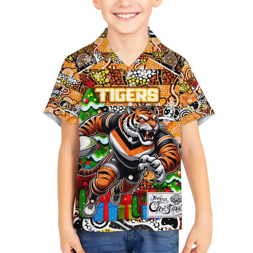 Custom Tigers Rugby Merry Christmas Family Matching Off Shoulder Short Dress and Hawaiian Shirt Indigenous Australian Art