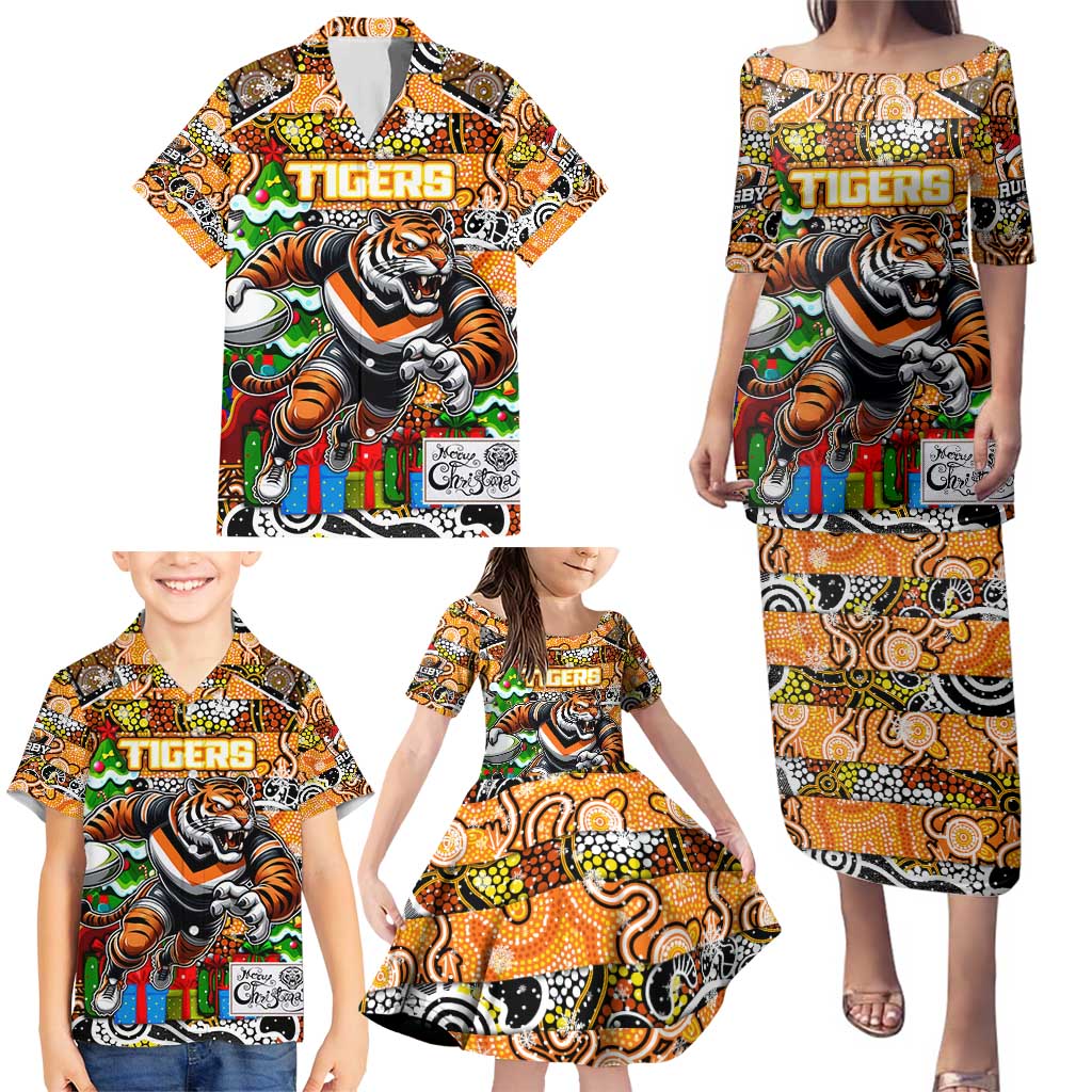 Custom Tigers Rugby Merry Christmas Family Matching Puletasi and Hawaiian Shirt Indigenous Australian Art