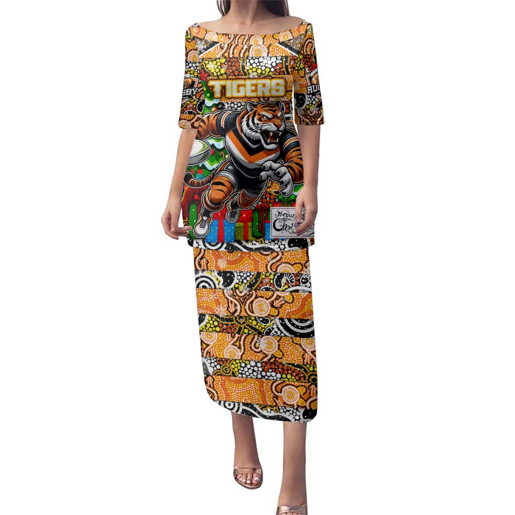 Custom Tigers Rugby Merry Christmas Family Matching Puletasi and Hawaiian Shirt Indigenous Australian Art