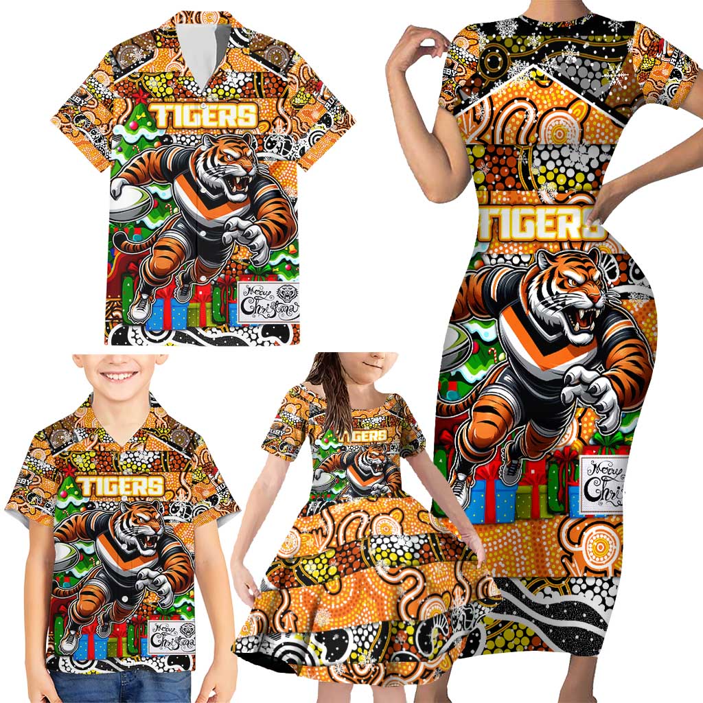 Custom Tigers Rugby Merry Christmas Family Matching Short Sleeve Bodycon Dress and Hawaiian Shirt Indigenous Australian Art