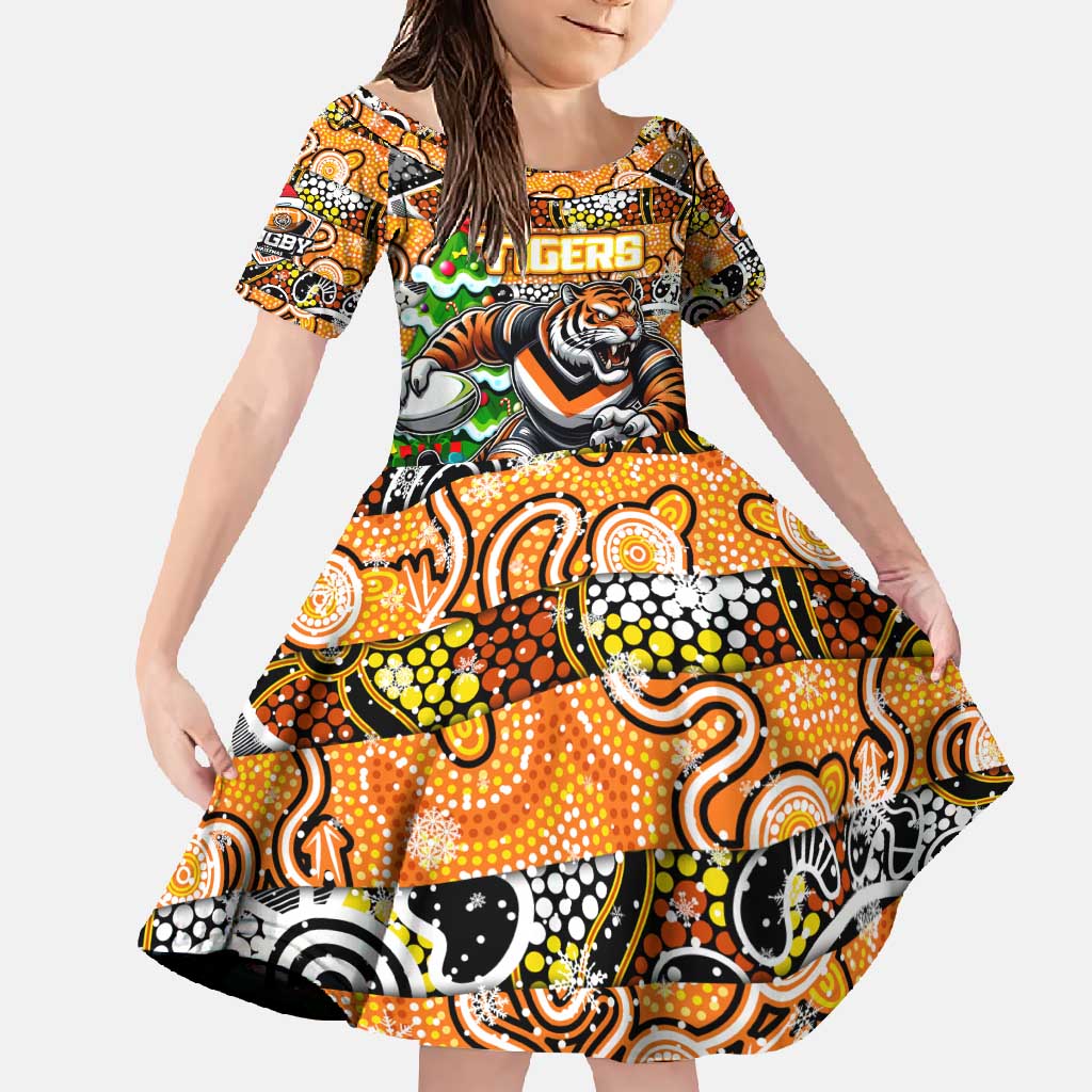 Custom Tigers Rugby Merry Christmas Family Matching Short Sleeve Bodycon Dress and Hawaiian Shirt Indigenous Australian Art