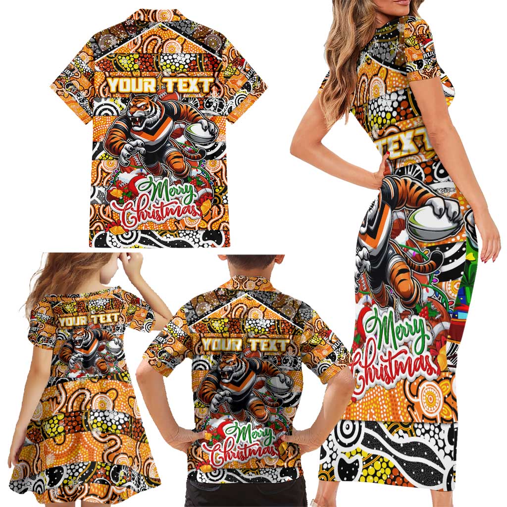 Custom Tigers Rugby Merry Christmas Family Matching Short Sleeve Bodycon Dress and Hawaiian Shirt Indigenous Australian Art