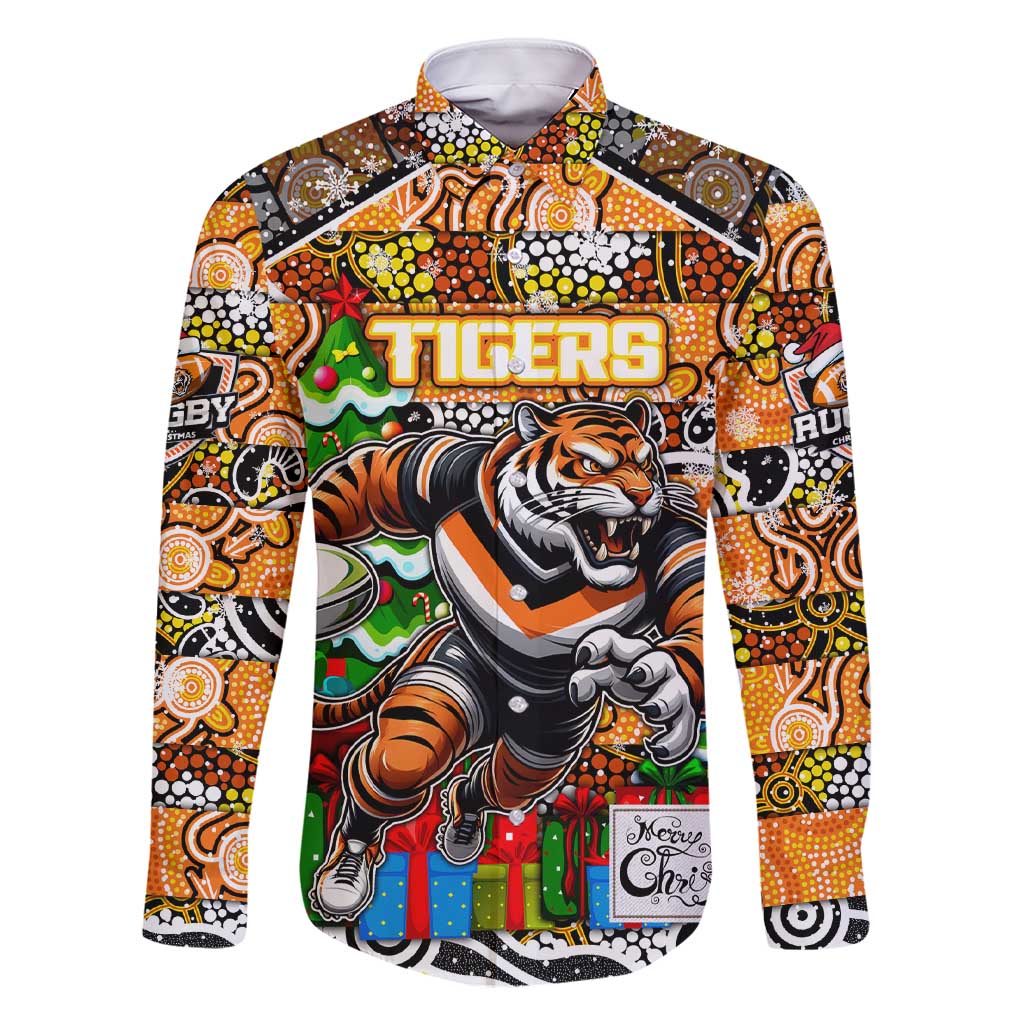 Custom Tigers Rugby Merry Christmas Family Matching Short Sleeve Bodycon Dress and Hawaiian Shirt Indigenous Australian Art