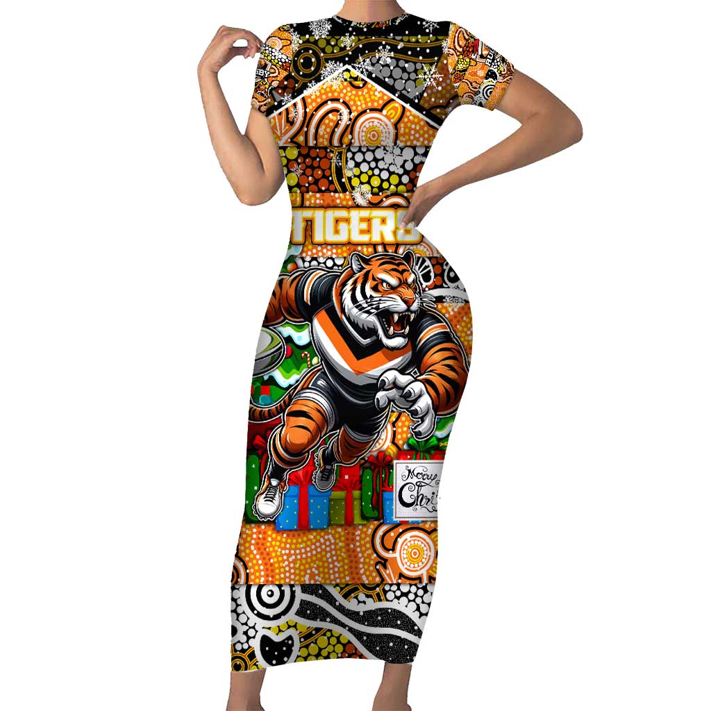 Custom Tigers Rugby Merry Christmas Family Matching Short Sleeve Bodycon Dress and Hawaiian Shirt Indigenous Australian Art