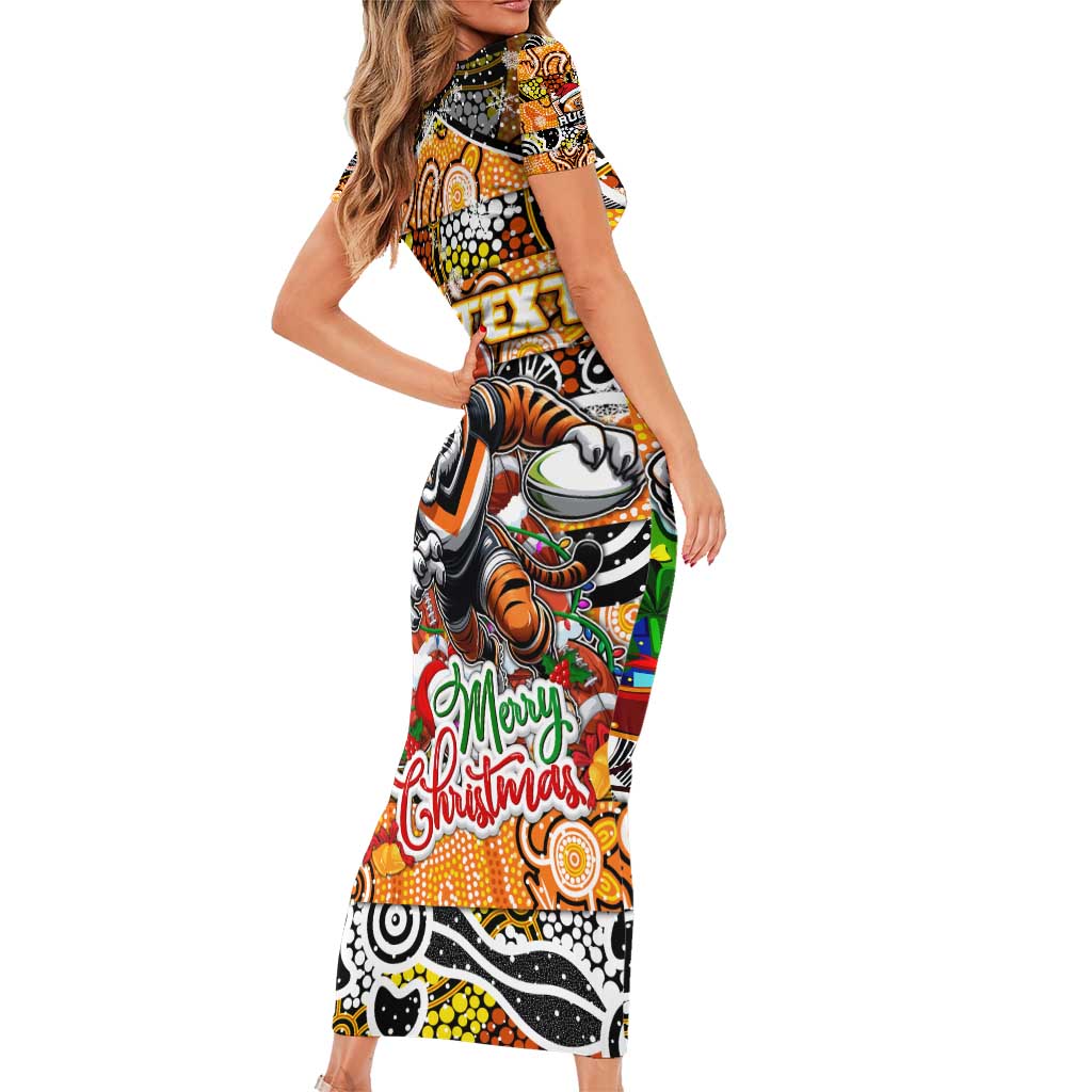 Custom Tigers Rugby Merry Christmas Family Matching Short Sleeve Bodycon Dress and Hawaiian Shirt Indigenous Australian Art
