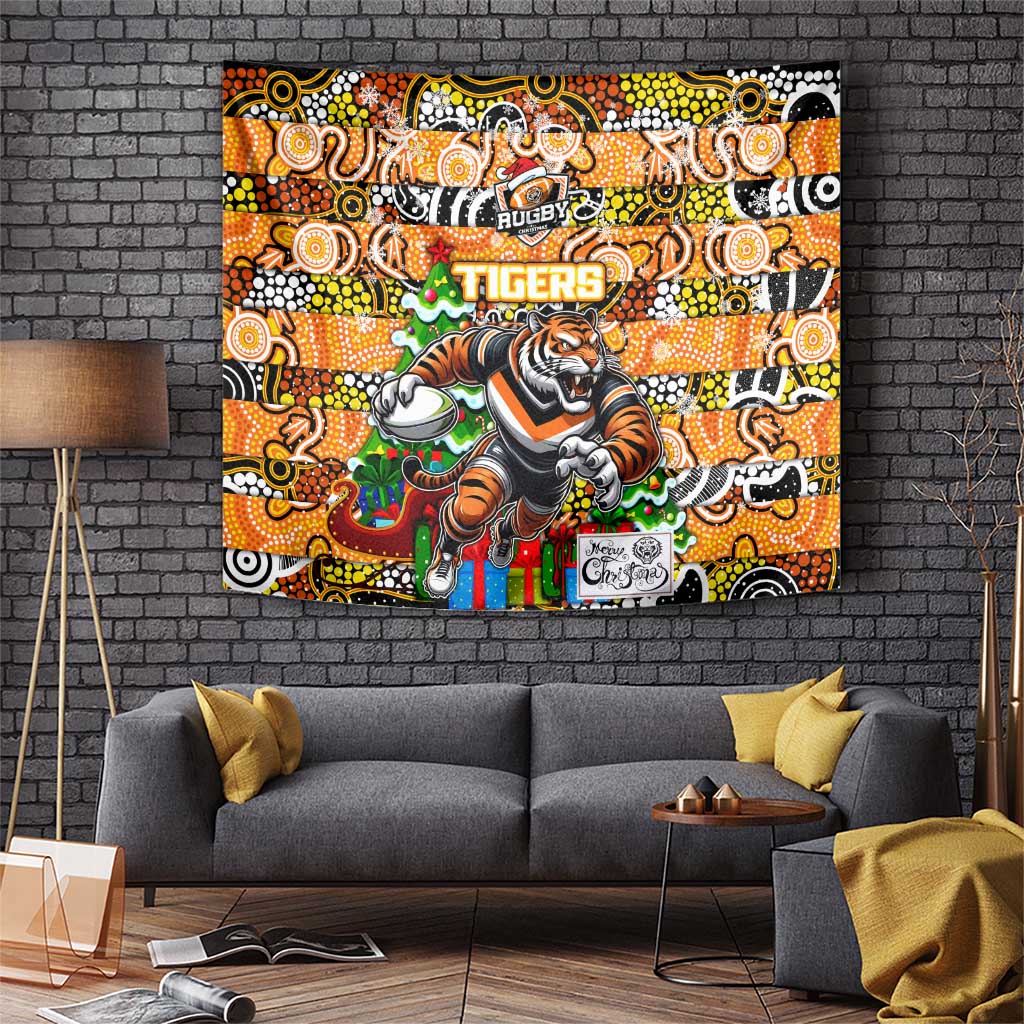 Tigers Rugby Merry Christmas Tapestry Indigenous Australian Art - Vibe Hoodie Shop