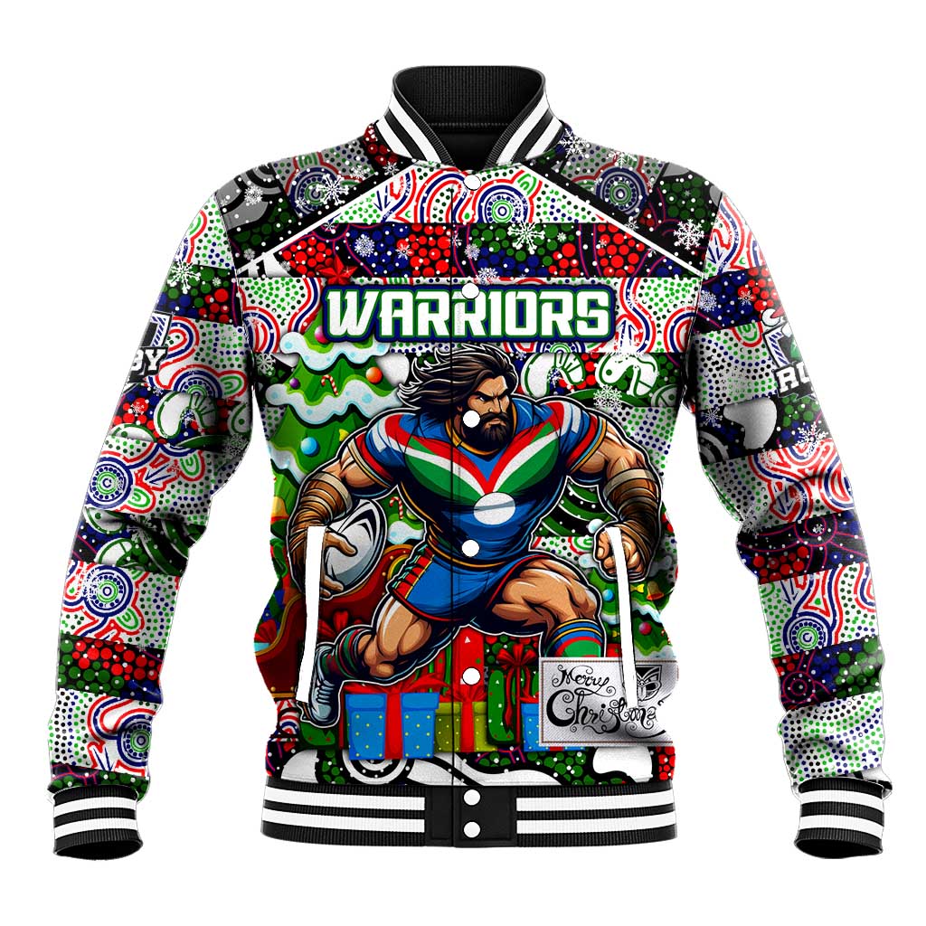 Custom New Zealand Warriors Rugby Merry Christmas Baseball Jacket Indigenous Australian Art - Vibe Hoodie Shop