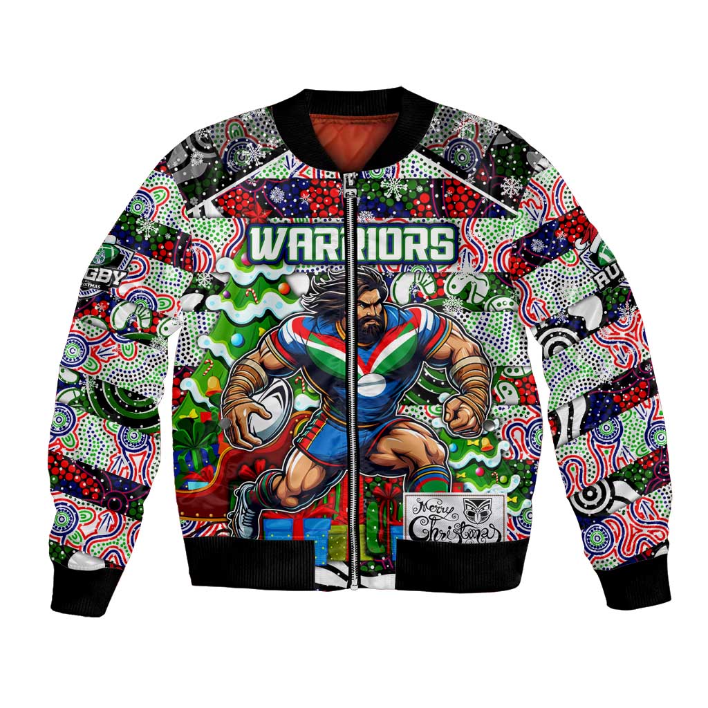 Custom New Zealand Warriors Rugby Merry Christmas Bomber Jacket Indigenous Australian Art - Vibe Hoodie Shop